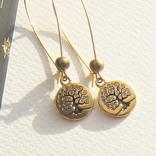 Boucles d'oreilles "les arbres enchantés" médailles plaqué or gravure arbre perles bronze attaches acier doré inoxydable