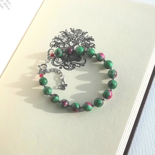 Bracelet "histoire naturelle" gemmes vert rose rubis-zoïsite acier inoxydable bracelet réglable