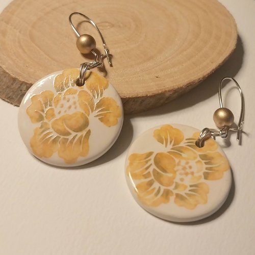 Boucles d'oreilles "orange floral" céramique palets motifs fleurs perles dorées verre tchèque attaches argent 925