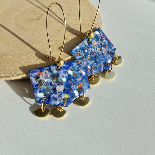 Boucles d'oreilles "outremer" bleu chiné émaux sur cuivre pampilles dorées grandes attaches plaqué or