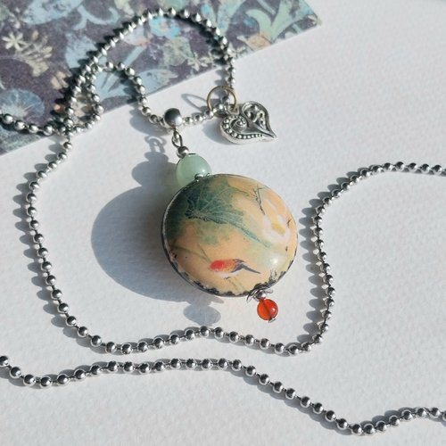 "le coeur du jardin" pendentif vert orange camel médaillon porcelaine pierres gemmes aventurine agate chaîne billes acier inoxydable