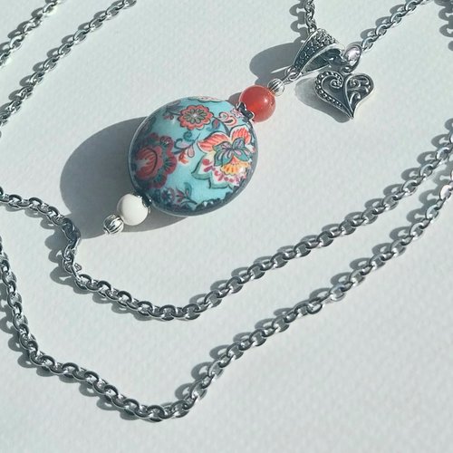 "le charme bohême" pendentif turquoise rouge motif floral stylisé porcelaine agate magnésite argent tibétain acier inoxydable