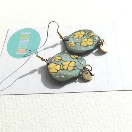 Boucles d'oreille "le temps des fleurs" émail sur cuivre coloris jaune gris vert filigrane or pampilles attaches acier inoxydable