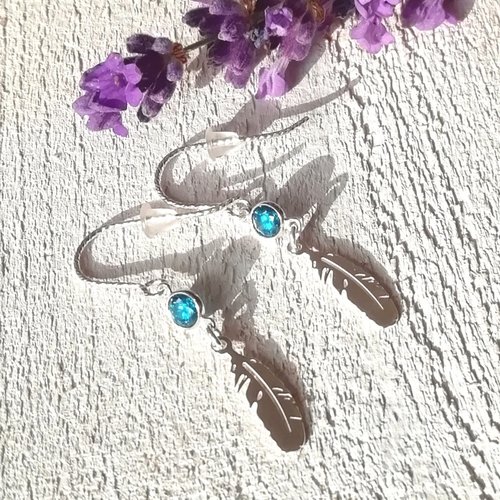 Boucles d'oreille enfant "mini plumes" argent cristal strass bleu turquoise