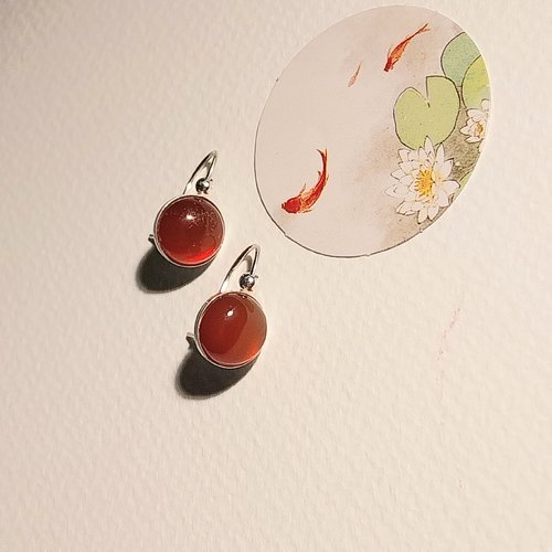 Boucles d'oreille "charme zen" cabochons agate rouge orange attaches argent 925