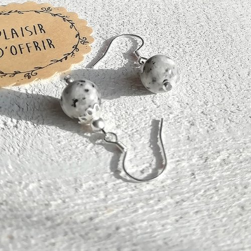 "pierre de charme" boucles d'oreilles gris argent gemme jaspe sésame argent 925