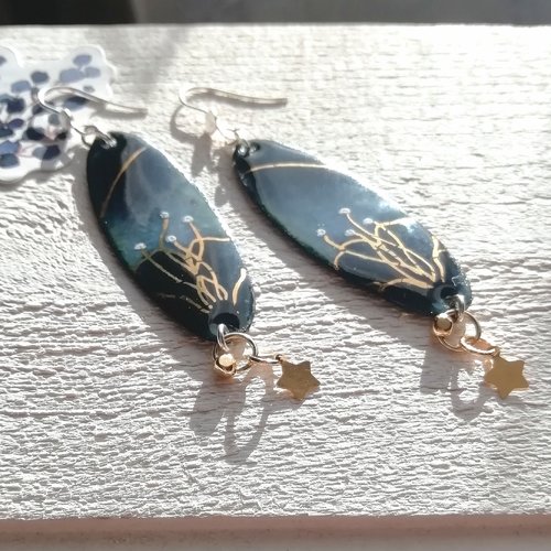 Boucles "les murmures du soir" cuivre émaillé bleu nuit pointillé blanc filigrane or décors attaches plaqué or argent 925