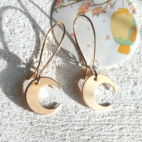 Boucles d'oreille "histoire du soir" plaqué or lunes attaches perles cristal swarovski