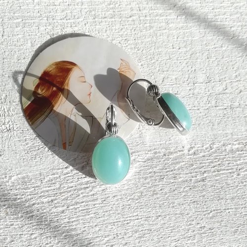 Boucles d'oreille "pures pierres" bleu vert amazonite cabochons ovales attaches plaqué argent 925