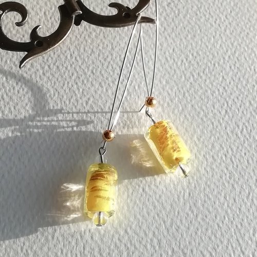 Boucles "les vénitiennes - citronnade" jaune vif verre filé style murano cristal attaches plaqué argent