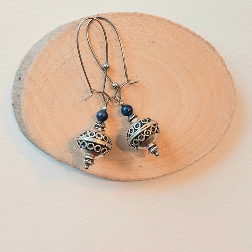 Boucles d'oreilles longues "dans l'oued" perles ethniques argent berbère pierre naturelle lapis lazuli attaches acier inoxydable