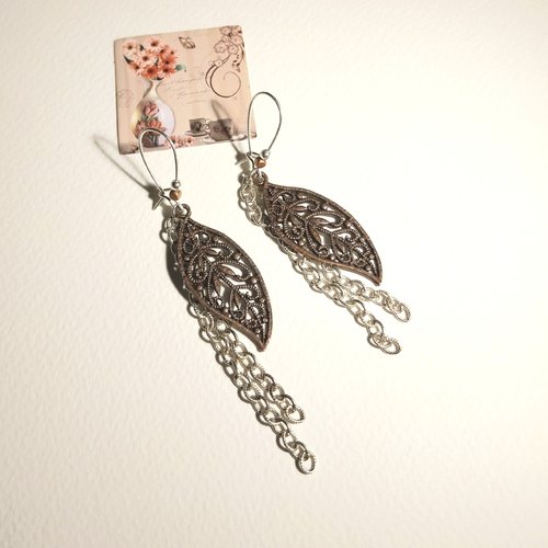 Boucles "romance nature" feuilles cuivrées ajourées chaînettes attaches plaqué argent perles argent cuivre