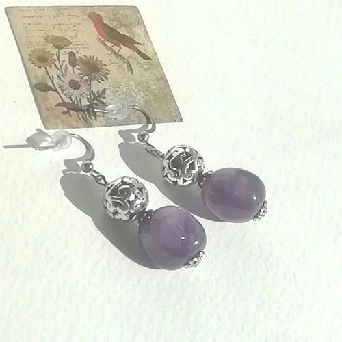 Boucles "violet baroque" pierres améthyste perles plaqué argent attaches acier inoxydable