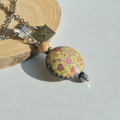 "mots d'antan" pendentif jaune médaillon liberty porcelaine bois argent tibétain pampille enveloppe chaîne sautoir acier inoxydabl