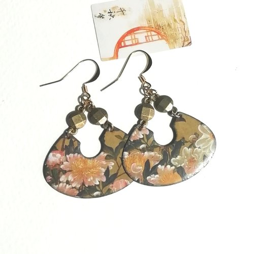 Boucles "pivoines bohême" émaux sur cuivre motif floral anneaux attaches bronze et plaqué or