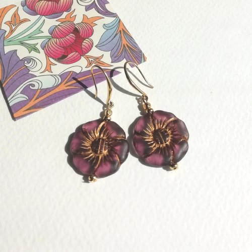 Boucles " violet floral " fleurs verre tchèque perles attaches plaqué or 18k