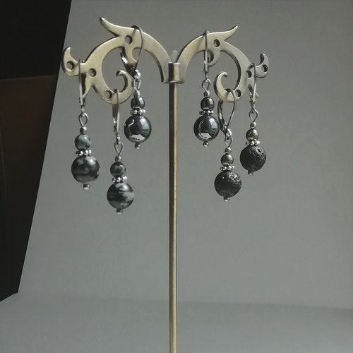 Boucles "les petites pierrades" gemmes argent tibétain acier inoxydable