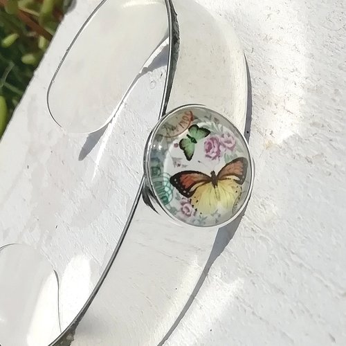 Bracelet "invitation au jardin" plaqué argent 925 rigide cabochon verre papillons fleurs