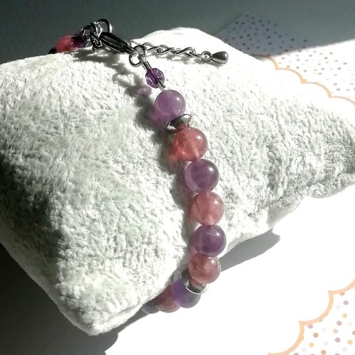 Bracelet "lilas" violet réglable pierres améthyste lépidolite acier inoxydable