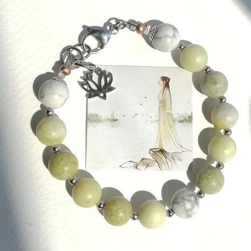 Bracelet "inspiration zen" vert réglable pierres gemmes serpentine howlite acier inoxydable
