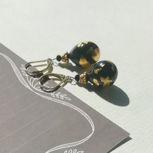 Boucles d'oreille "les florentines" verre murano noir doré perles attaches plaqué or 24k