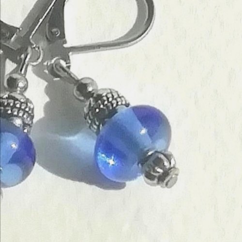"mini bleuets" boucles bleues verre murano argent tibétain attaches acier inoxydable