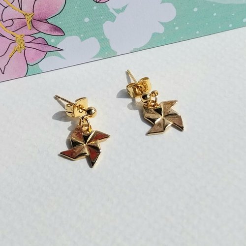 Boucles d'oreilles moulins origami pampilles et attaches plaqué or 24 k 3 m