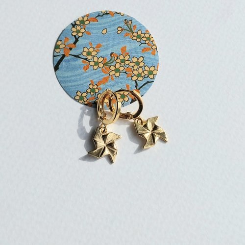 Boucles d'oreilles moulins origami pampilles et attaches plaqué or 24 k 3 m