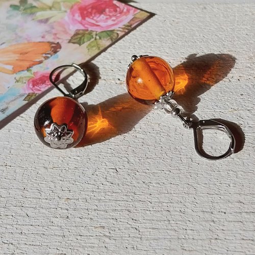 Boucles d'oreille "lumière d'ambre" jaune orange verre murano acier inoxydable