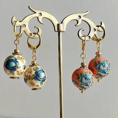 Boucles d'oreilles fantaisie, géométrique, bleu, beige, doré, bronze,  bijoux pour femme
