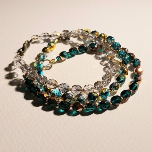 Bracelet "valse cristalline" cristal de bohême doré flammé et au choix vert bleu gris