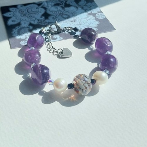 "glycine" bracelet pierre améthyste nacre d'eau douce verre filé acier inoxydable