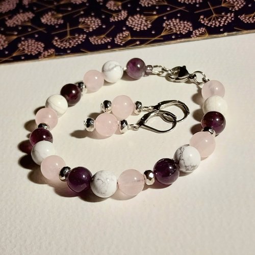 Bracelet boucles d'o "bien-être" rose violet blanc gris quartz améthyste howlite verre bohême acier inoxydable
