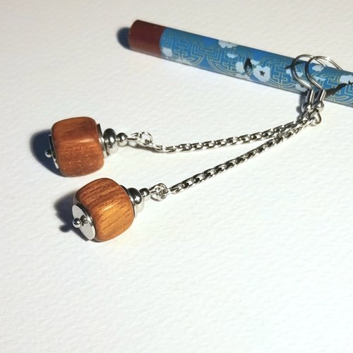 Boucles d'oreilles "mailles et cubes" bois de bayong acier inoxydable
