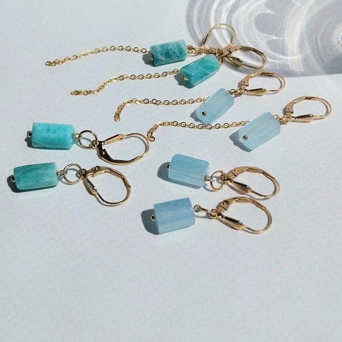 Boucles d'oreilles "émotion" pierres gemmes naturelles aigue marine ou amazonite plaqué or gold filled