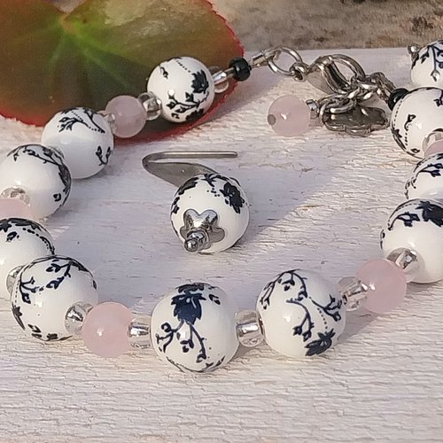 Parure bracelet boucles "nature fine" blanc noir rose porcelaine quartz argent acier inoxydable