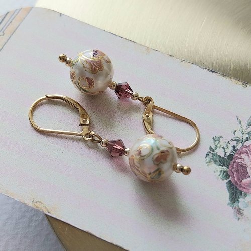 Boucles d'oreilles "anémone" perles japonaises tensha attaches plaqué or gold filled