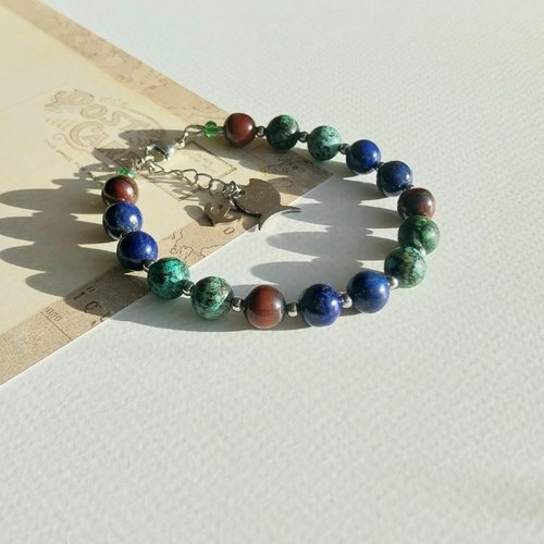 Bracelet "cap vert" pierres turquoise africaine lapis lazuli œil de taureau acier inoxydable
