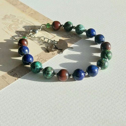 Bracelet "cap vert" pierres turquoise africaine lapis lazuli œil de taureau acier inoxydable