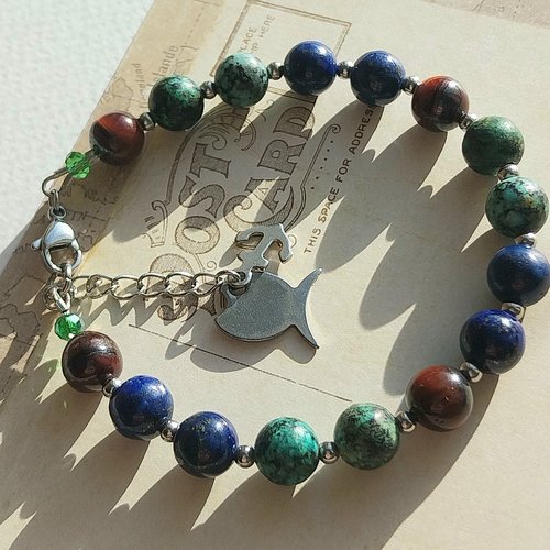 Bracelet "cap vert" pierres turquoise africaine lapis lazuli œil de taureau acier inoxydable