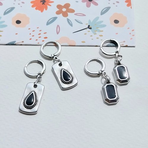 Boucles d'oreilles "noir féminin" émail et plaqué argent