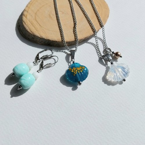 "rendez-vous à la plage" pendentif sur chaîne ou boucles d'oreilles verre murano blanc turquoise nacre acier inoxydable