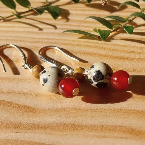 Trio nature - boucles d'oreille pierres naturelles agate rouge jaspe dalmatien jaspe de terre argent 925