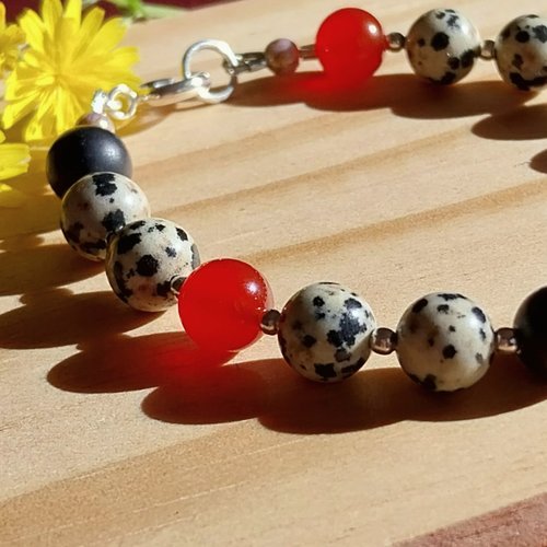 Bracelet "présence" pierres naturelles agate rouge onyx noir  jaspe dalmatien argent