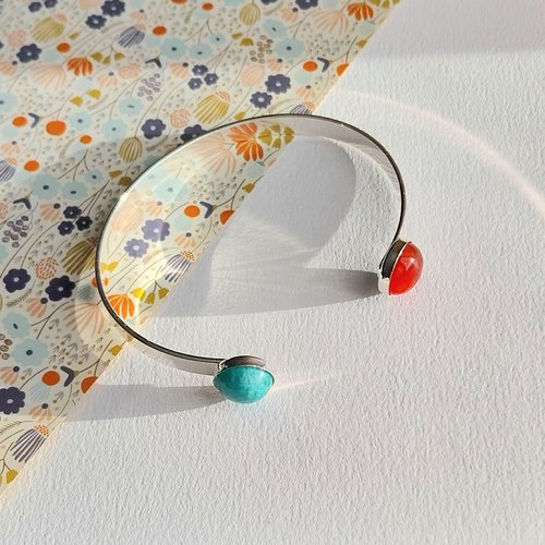 "rencontre" bracelet ruban plaqué argent pierres amazonite bleu turquoise agate rouge orangé