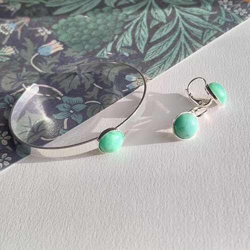 "pierre de rêve" bracelet ruban boucles dormeuses plaqué argent cabochon gemme chrysoprase vert turquoise