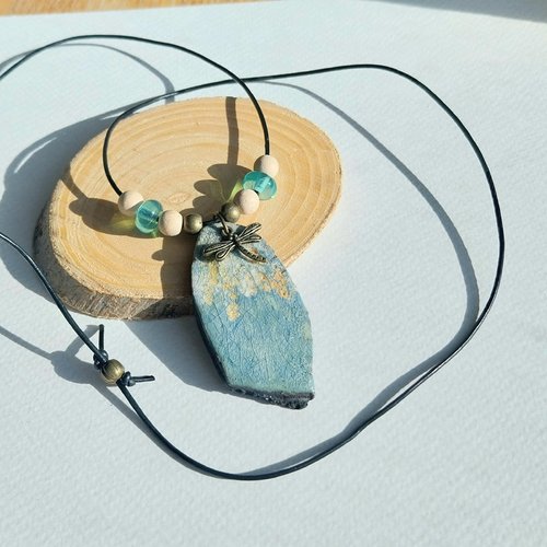 Pendentif collier "sous le saule" céramique raku bois bronze verre filé avec cordon cuir