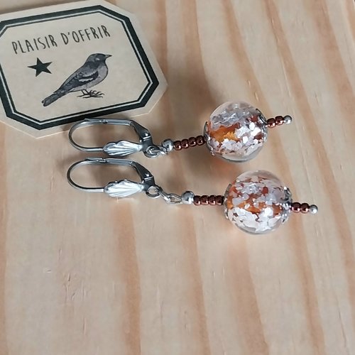 Boucles d'oreille "friandises" verre filé jaune topaze rocailles cuivrées acier inoxydable