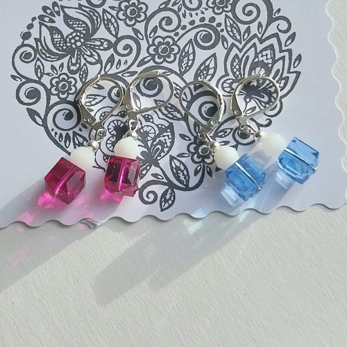 Boucles d'oreilles cubes cristal swarovski "mignonnettes" bleu ou rose attaches argent 925