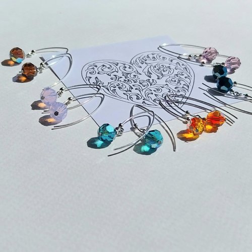 "reflets secrets" boucles d'oreilles cristal swarovski au choix vert bleuté bleu nuit rose orange brun mauve attaches argent 925